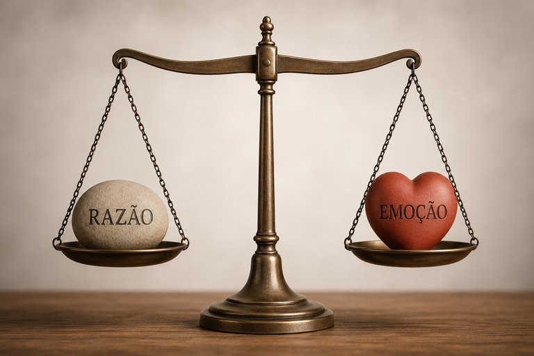 Balança equilibrando uma pedra com a palavra “Razão” e um coração com a palavra “Emoção”.