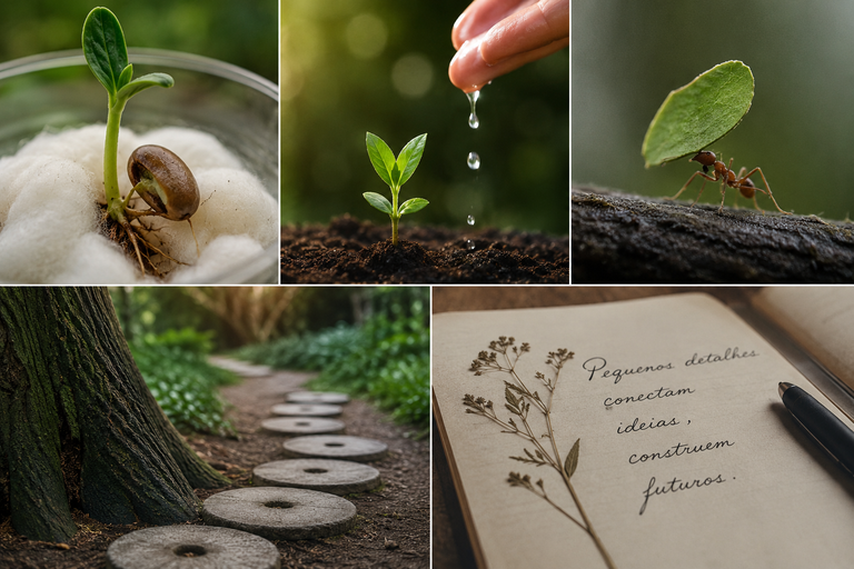 Colagem com broto germinando, muda sendo regada, formiga carregando uma folha, caminho entre árvores e caderno com reflexão sobre a importância dos pequenos detalhes.