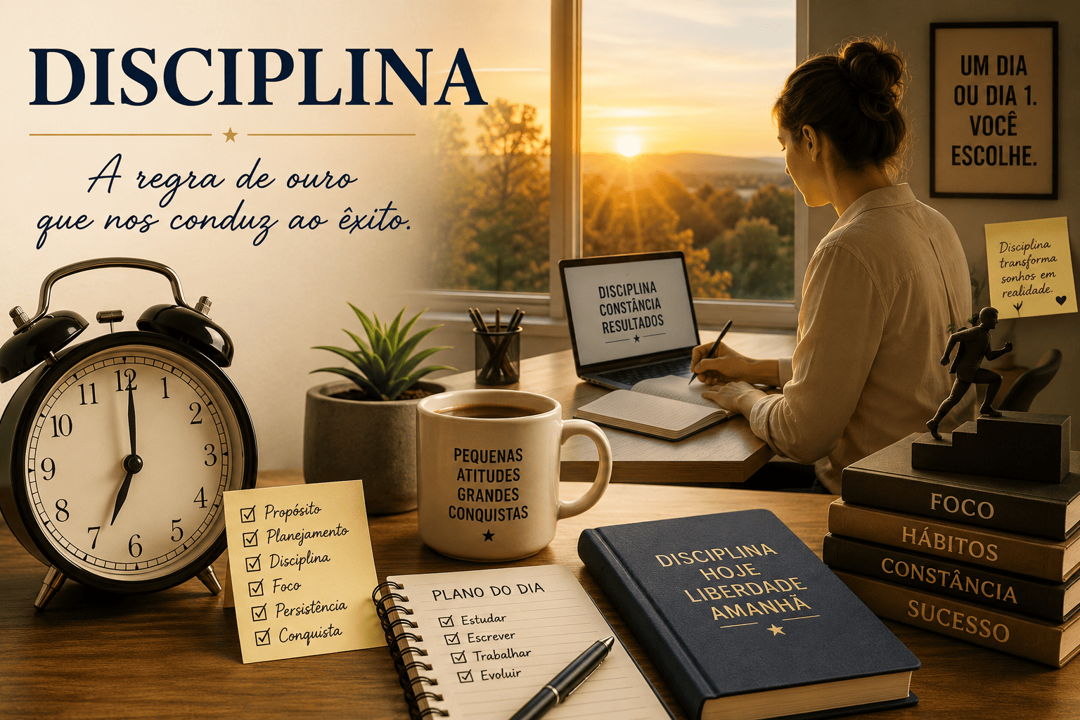Mulher estudando em uma mesa ao amanhecer, cercada por relógio, agenda e mensagens sobre disciplina, foco, hábitos, constância e sucesso.