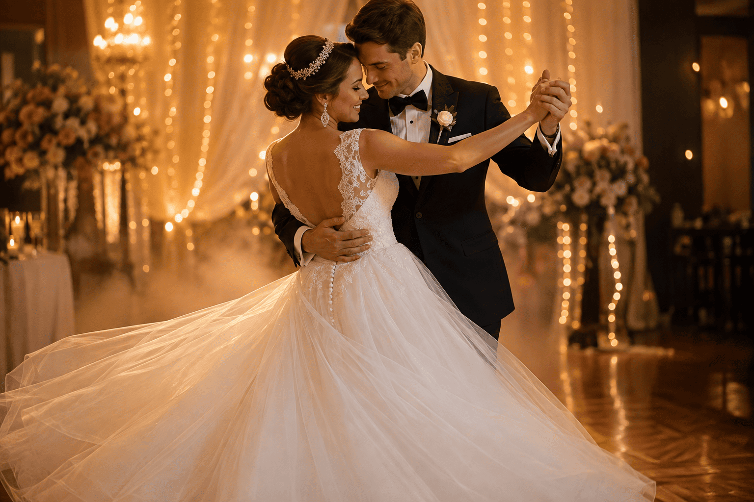 Noiva e noivo dançando juntos em um salão iluminado, durante uma celebração de casamento.